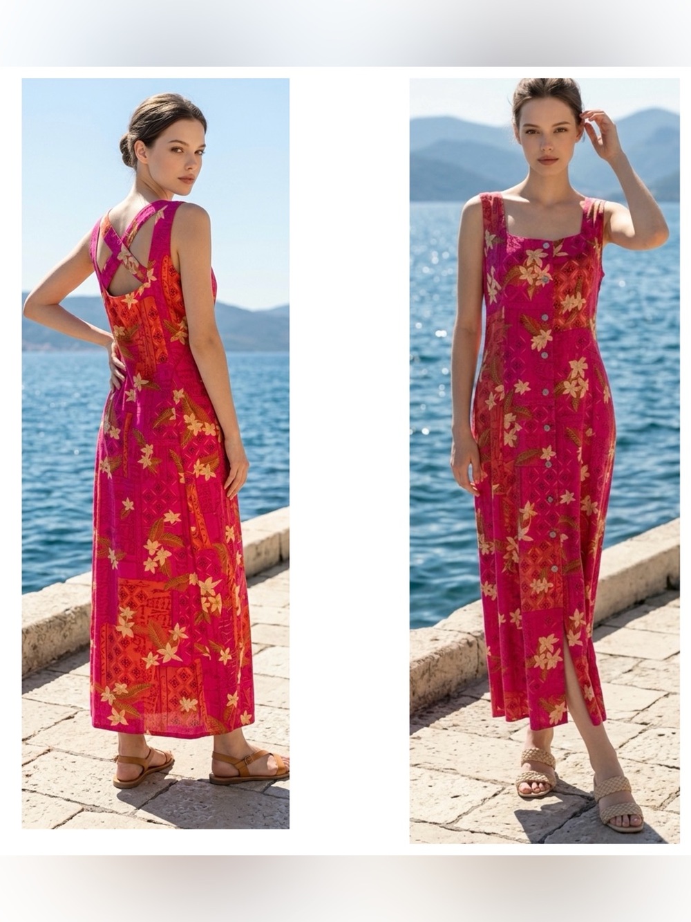 Coldwater Creek Women Y2K Sz 8 buttoned floral Silk Blend sleeveless Maxi dress